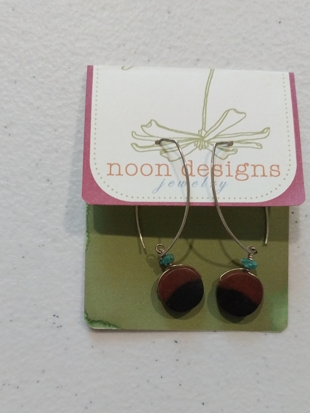 Silver Drop Earrings with Brown Wood And Turquoise Accent NWT